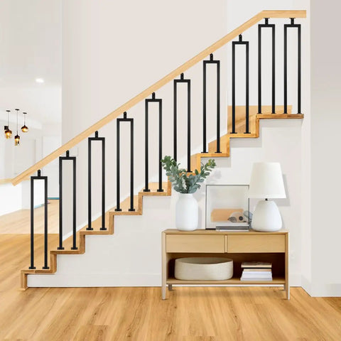 Three Pack 36 Inch Square U Shape Matte Black Metal Stair Balusters With Adjustable Top Bracket For Interior Wood Handrail in modern home.