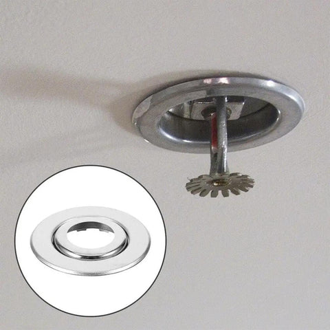 Double Disc Fire Sprinkler Cover Plates Stainless Steel Pipe Concealment Shield showing installation on ceiling.