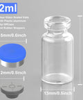 Front view of 10-pack 2ml clear glass vials with blue plastic-aluminum flip-off caps and rubber stoppers