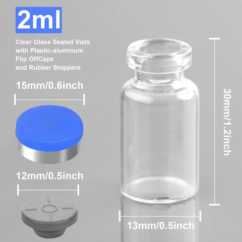Front view of 10-pack 2ml clear glass vials with blue plastic-aluminum flip-off caps and rubber stoppers