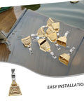 Front view of 15pcs stainless steel clip-on fishing bite alarm bells in gold and silver tones for carp fishing.