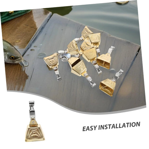 Front view of 15pcs stainless steel clip-on fishing bite alarm bells in gold and silver tones for carp fishing.