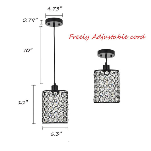 2 Pack Chrome Crystal Pendant Lights With Long Adjustable Cords, shown with dimensions and crystal detailing, for kitchen, bar