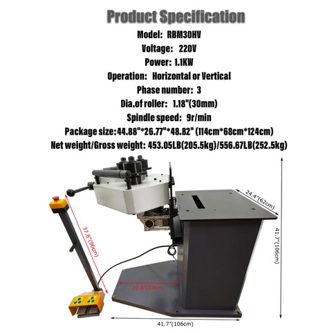 Heavy Duty Electric Ring Roll Bender with 1.1kW motor shown from side, specifications including size and operation details.