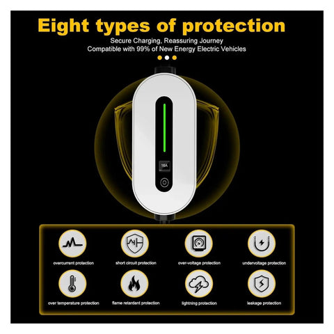 Portable 3.5Kw Ev Charger With 16A Type 1 Sae J1772 Connector showcasing eight protection types for secure charging.