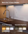 Wireless Under Cabinet Lighting With 42 LED Lights showing three color modes and adjustable brightness over kitchen sink.