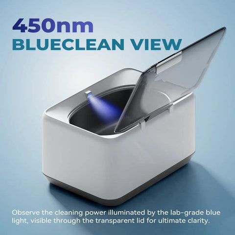 Powerful 45KHz Cleaner With 20oz Capacity And Cleaning Basket, open with blue LED light
