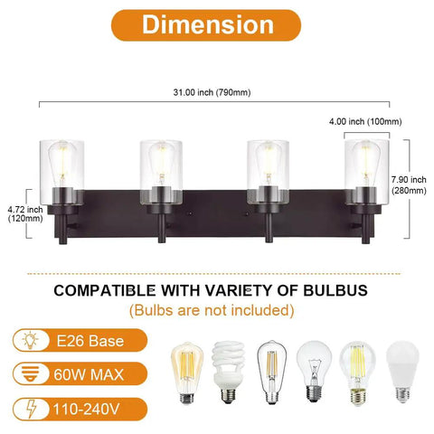 Oil Rubbed Bronze Three Light Vanity Fixture With Rustic Wall Sconces And Clear Glass Shades For Bathroom Hallway Porch Or Bedroom Vintage Industrial Style No Fuss Easy Install dimensions and bulb compatibility