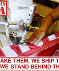 Person sewing a 3x5 Ft American Flag Nylon SolarMax with embroidered stars and sewn stripes, Made in USA.