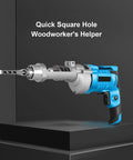 No Hassle Square Hole Drill Bit Adapter And Mortising Bracket For Drill Press Heavy Duty Aluminum Alloy Woodworking Tool shown at an angle with a drill and bit.