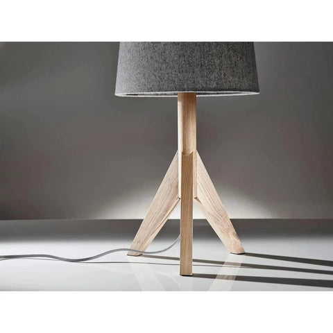 Eden Table Lamp With Natural Ash Wood Tripod Base, Textured Grey Felt Drum Shade, Black White Fabric Cord, rustic accent lighting