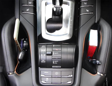 Interior with Set Of 2 Center Console Side Storage Boxes For Porsche Cayenne 2011 2018, Slim Car Organizer Trays holding small items.