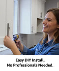Woman installing Slick Solid Stainless Steel Euro Style Bar Pulls Set on cabinet, easy DIY, polished chrome finish.