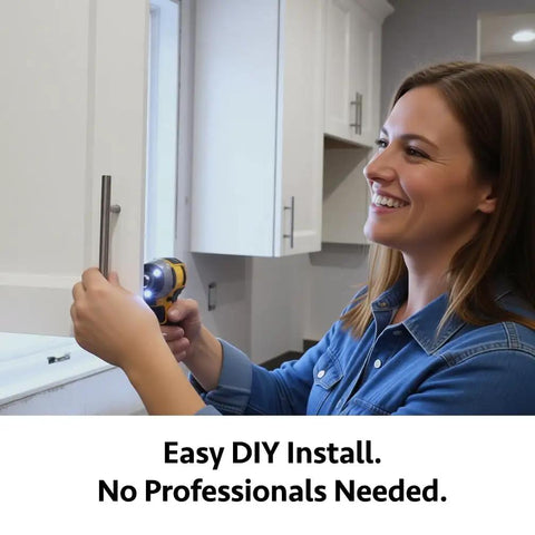 Woman installing Slick Solid Stainless Steel Euro Style Bar Pulls Set on cabinet, easy DIY, polished chrome finish.
