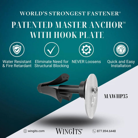 Master Anchor With Stainless Steel Hook Plate Bulk Pack 24 Pack For Hollow Walls Never Loosen Installs In Minutes Durable And Reusable Removable Design Works In Holes From Other Failures product image showing anchor and hook plate.