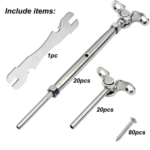 DIY Cable Railing Kit With Turnbuckles For Wood Posts, visible tool, 20 metal fittings, screws, one eighth inch stainless steel cable.