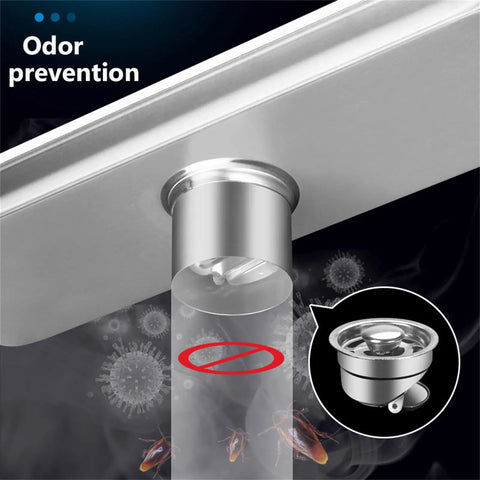 Top Shelf Rectangular Linear Shower Drain In Rust Resistant 304 Stainless Steel With No Sweat Hair Catcher Grate Slick Gold Tone 10X60CM showing odor prevention feature.