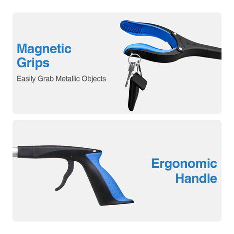 Foldable reacher grabber set with magnetic grip and ergonomic handle, ideal for picking metallic objects easily without bending.