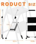 Foldable 2 Step Ladder With Handgrip And Anti Slip Wide Pedals Built Like A Tank For Adults shown in folded and open positions, dimensions labeled