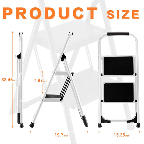 Foldable 2 Step Ladder With Handgrip And Anti Slip Wide Pedals Built Like A Tank For Adults shown in folded and open positions, dimensions labeled
