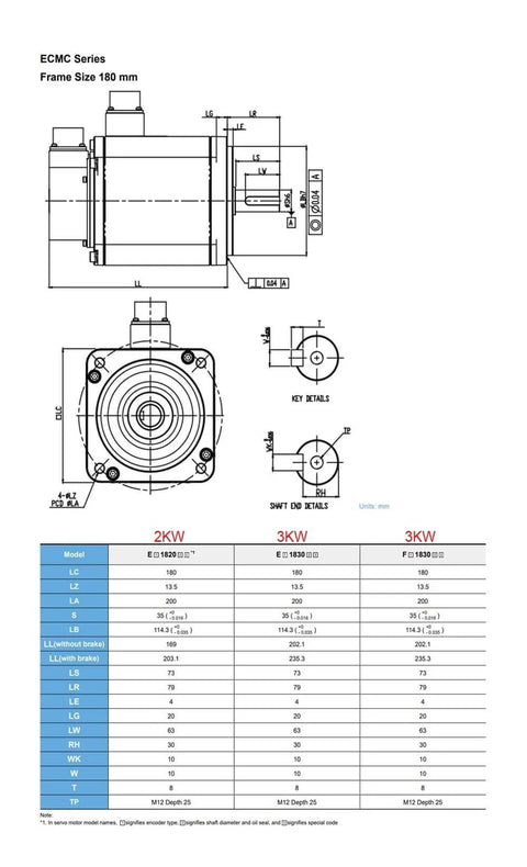Technical drawing of ECMC Series motor, frame size 180mm, for Beefy 220V Servo Motor Driver Kit With 24Bit Absolute Encoder.