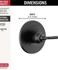 Matte Black Shower Valve Trim Kit With Single Handle Upgrade For Universal Shower Valve Systems Includes Monitor Pressure Balanced Cartridge Replacement Handle T14035BL Valve Not Included Rough In Sold Separately, dimensions shown