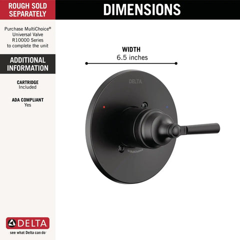 Matte Black Shower Valve Trim Kit With Single Handle Upgrade For Universal Shower Valve Systems Includes Monitor Pressure Balanced Cartridge Replacement Handle T14035BL Valve Not Included Rough In Sold Separately, dimensions shown