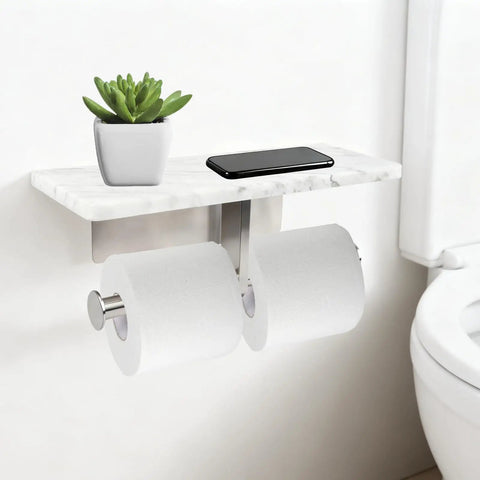Wall Mounted Toilet Paper Holder With Natural Marble Shelf For Mega Rolls, Brushed Nickel Finish, Heavy Duty Bathroom Organizer