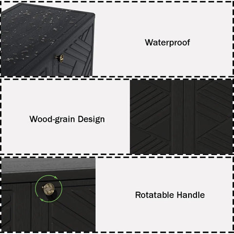 Resin Outdoor Storage Cabinet Weatherproof for Patio Garden Backyard with wood-grain design, durable and waterproof structure.