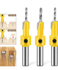 Kickass Woodworking Countersink Drill Bit Set With Ace Step Drills showing countersink bits with alloy steel and steps for smooth hole cutting.