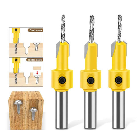 Kickass Woodworking Countersink Drill Bit Set With Ace Step Drills showing countersink bits with alloy steel and steps for smooth hole cutting.