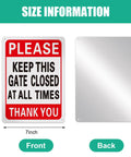 Four Pack Please Keep Gate Closed Signs 10x7 Inches Hella Tough Weatherproof Aluminum Warning Plaque Front and Back Views