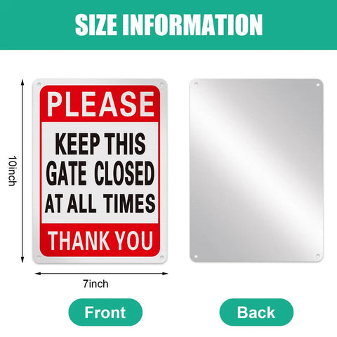 Four Pack Please Keep Gate Closed Signs 10x7 Inches Hella Tough Weatherproof Aluminum Warning Plaque Front and Back Views