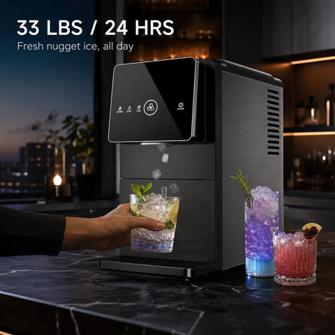 Countertop Nugget Ice Machine 33 Lbs Quick Freeze Cycle Producing Soft Chewable Squares With Hassle Free Push Button Start Self Drain Unit Brushed Steel Finish with drinks.