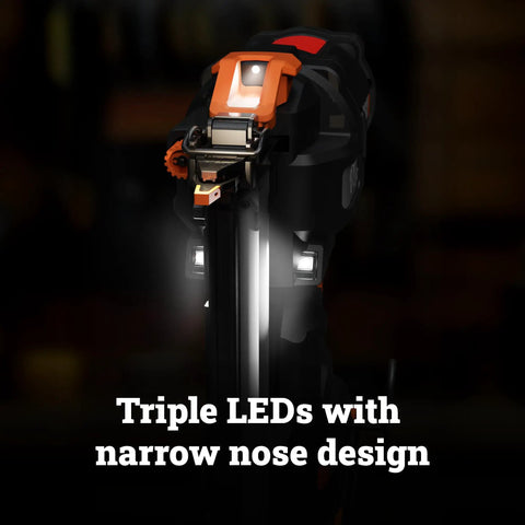 Heavy Duty Cordless Brad Nailer Fueled By 20V Brushless Motor And 18 Gauge Specs with triple LED lights and narrow nose design.