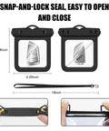 Two Pack Submersible Waterproof Key Fob Case And Small Pouch, snap-and-lock seal, dimensions marked with key inside.