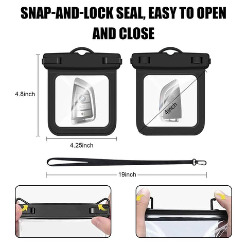 Two Pack Submersible Waterproof Key Fob Case And Small Pouch, snap-and-lock seal, dimensions marked with key inside.