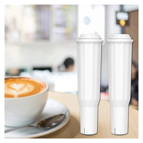 Premium Coffee Machine Water Filter Softens Hard Tap Water Acts As A Game Changer For Clean Brew Texture And Smooth Real Deal Flavor In Home Espresso Drip Makers Cartridge Pair Next to Coffee Cup.