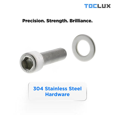304 stainless steel hex screw and washer, highlighted hardware quality, TOCLUX brand.