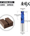 Diagram of Beefy Compression Spiral CNC Bit 1/2 Inch Cutting Diameter 1/2 Inch Shank 1-1/4 Inch Cutting Length 3 Inch Overall Length Nano Coated Router Bit With 2 Flutes Up And Down Cut For Precision CNC End Mills next to wood cut sample.