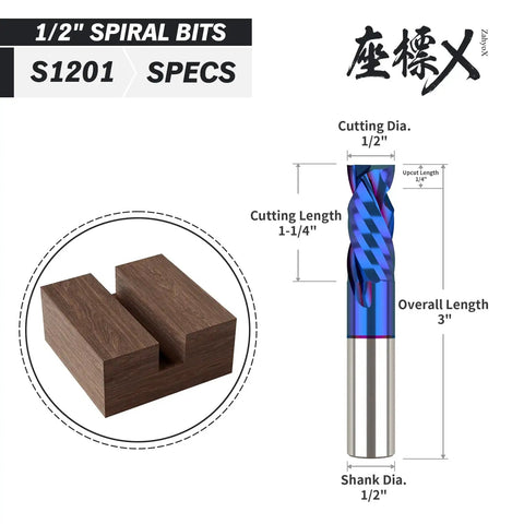 Diagram of Beefy Compression Spiral CNC Bit 1/2 Inch Cutting Diameter 1/2 Inch Shank 1-1/4 Inch Cutting Length 3 Inch Overall Length Nano Coated Router Bit With 2 Flutes Up And Down Cut For Precision CNC End Mills next to wood cut sample.