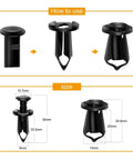 Illustration showing how to use push retainers with size details for 35 Piece Engine Under Cover Splash Shield Bolt Kit Universal Fit