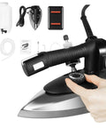 Heavy Duty 1200W Industrial Steam Iron With Gravity Feed Bottle System, Temperature Adjustable, shown with accessories and hand