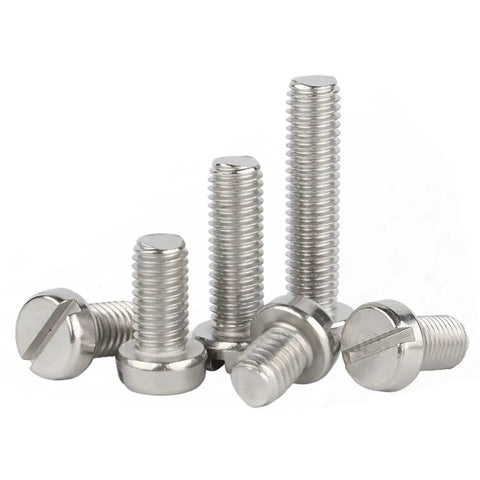 Top Shelf 20 Pack M5 Slotted Cheese Head Machine Screws Crafted From Premium 304 Stainless Steel, angled view of multiple screws.