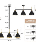 Dimensions and features of Black And Gold 3 Light Linear Kitchen Island Pendant with adjustable rods for different ceilings.