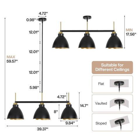 Dimensions and features of Black And Gold 3 Light Linear Kitchen Island Pendant with adjustable rods for different ceilings.