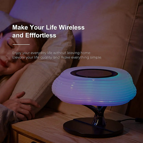 Bedside Lamp With Wireless Charger And Bluetooth Speaker For Bedroom RGB Dimmable Nightstand Light on wooden table