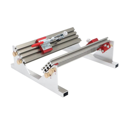Dead On Accuracy Table Saw Drawer Jig Locator Features Built In Tilt Limiters And Dual Height Slides For No Sweat Cabinet Alignment and Pro Shop Quality, aluminum frame with slide slots.