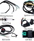 Beefed Up Dirt Bike Wiring Harness Kit With CDI Ignition Coil Spark Plug Kill Switch And Key Switch For Kick Start 50cc To 160cc Quad ATV Go Kart Buggy Ride Ready components displayed