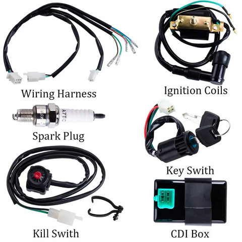 Beefed Up Dirt Bike Wiring Harness Kit With CDI Ignition Coil Spark Plug Kill Switch And Key Switch For Kick Start 50cc To 160cc Quad ATV Go Kart Buggy Ride Ready components displayed